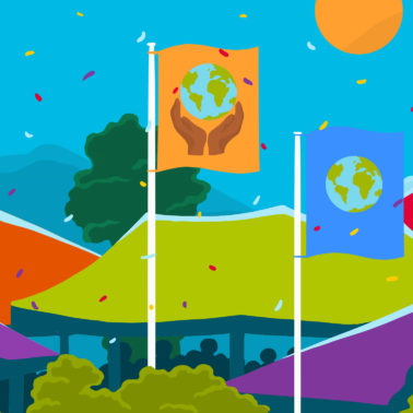 illustration with festival tents and confetti