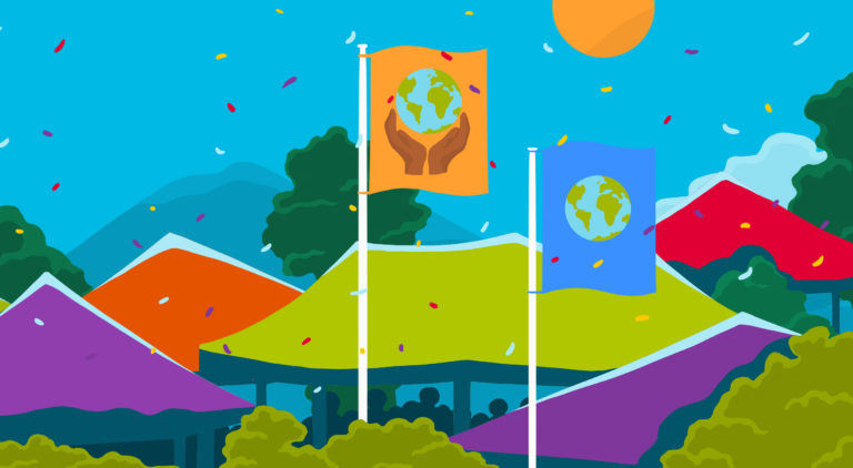 illustration with festival tents and confetti