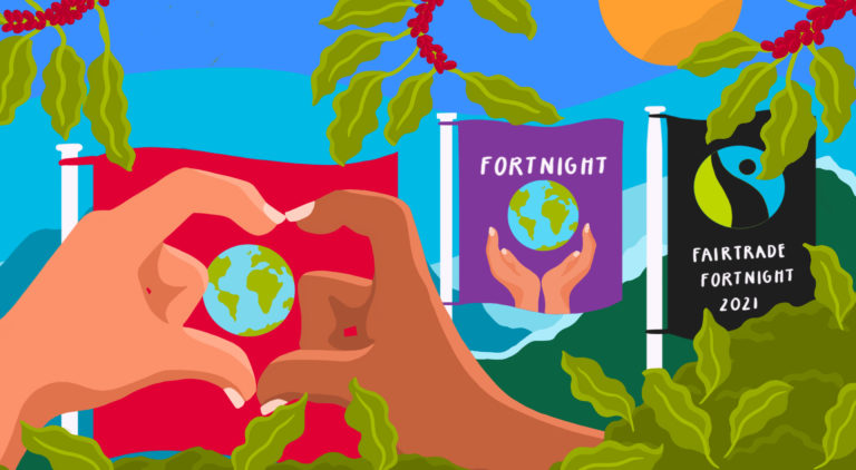 Bright illustration of hands forming a heart shape around the globe with festival flags in background