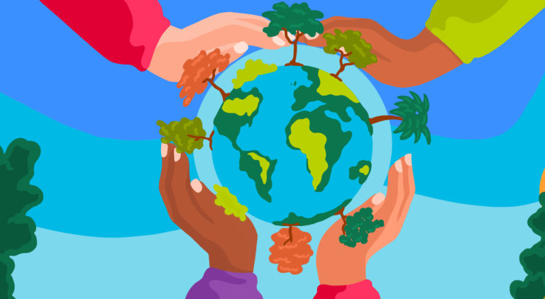 Bright illustration of four hands around a globe