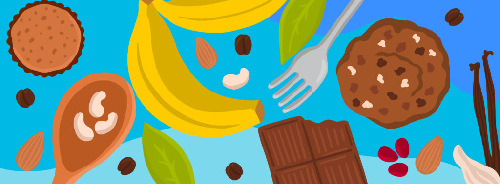 Bright illustration of bananas, chocolate and coffee beans on blue background