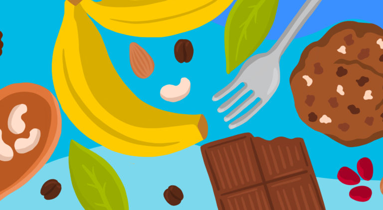 Bright illustration of bananas, chocolate and coffee beans on blue background