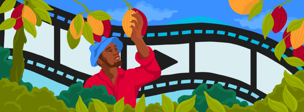 Bright illustration of a farmer picking a cocoa pod with film strip in the background