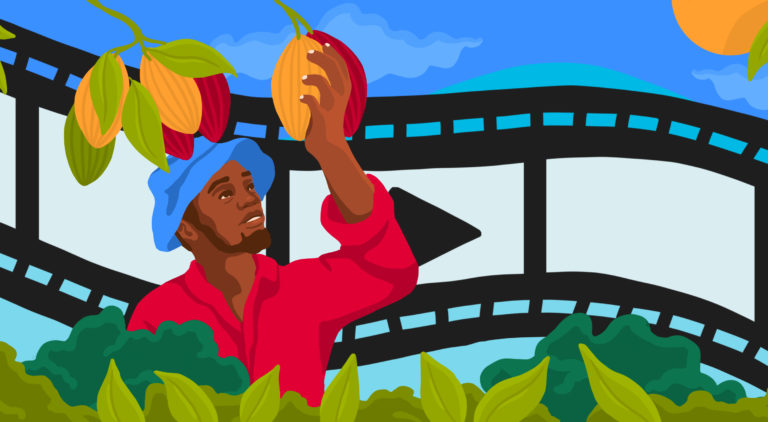 Bright illustration of a farmer picking a cocoa pod with film strip in the background