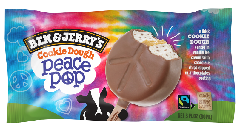 Ben & Jerry's Cookie Dough Peace Pop. Packaging shows a cow holding a half eaten peace pop on a multicoloured tie-dye look background
