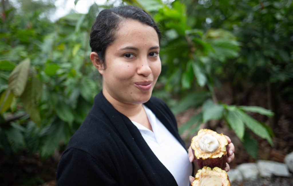 Alejandra Lemus works at the Xol chocolate factory in Honduras. Xol chocolate is a brand of the Fairtrade-certified COAGRICSAL coop.
