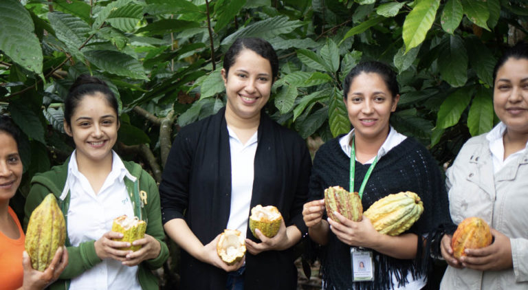 Rosa Maribel Cortes, Julibee Portillo, Alejandra Lemus, Julissa Medina y Sandra Buezo. All work at the Xol chocolate factory in Honduras. Xol chocolate is a brand of the Fairtrade-certified COAGRICSAL coop.