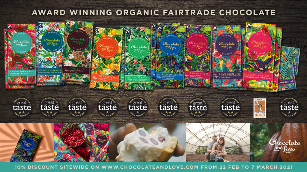 Chocolate & Love bars with Great Taste Award labes and images of cocoa pods