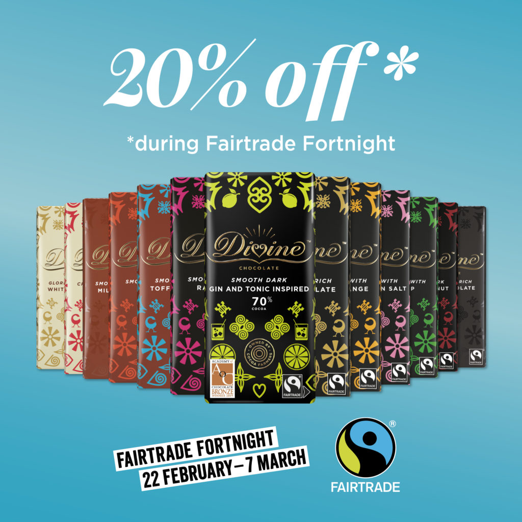 Divine 20% during Fairtrade Fortnight. Image of a selection of Divine's chocolate bars