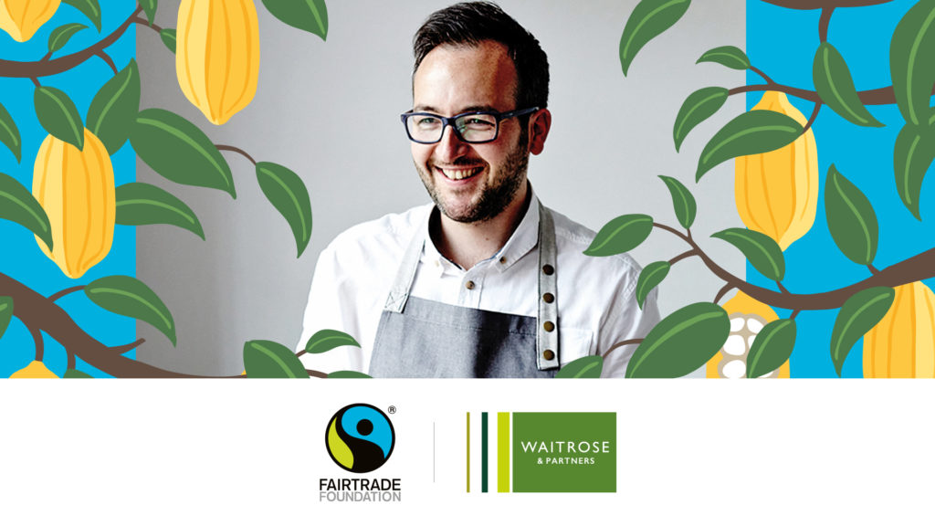 head shot of chef Will torrent with illustrations of cocoa pods and the fairtrade and waitrose logos
