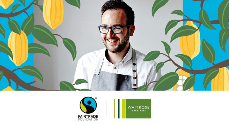 head shot of chef Will torrent with illustrations of cocoa pods and the fairtrade and waitrose logos
