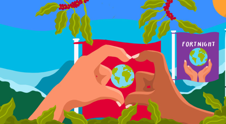 Illustration of two hands forming a heart shape around a globe with festival flags in background