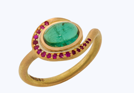 Tourmaline Twirl ring - sea green glossy tourmaline and berry red rubies made in 18 carat Fairtrade gold