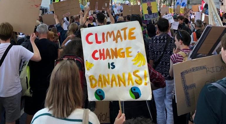 Climate change rally with handpainted sign 'Climate change is bananas!'