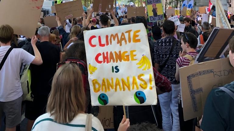 Climate change rally with handpainted sign 'Climate change is bananas!'