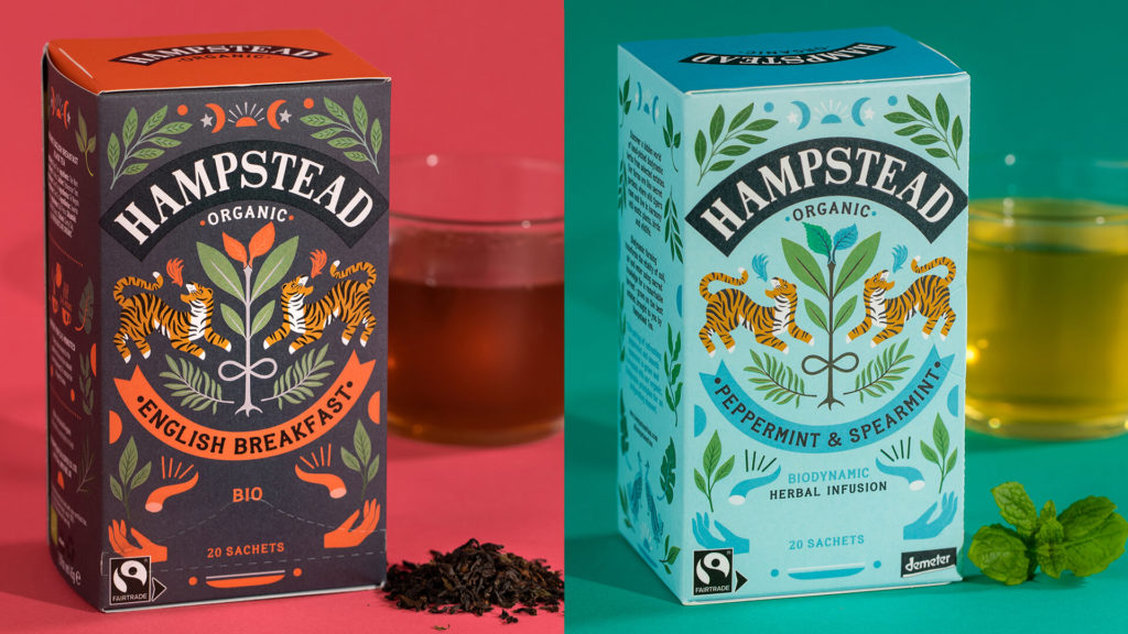 Hampstead Organic English Breakfast tea on a red background, and Peppermint & Spearmint herbal infusion on a turquoise background
