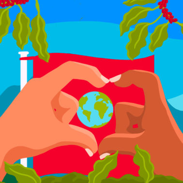 illustration of hands forming a heart shape around the world