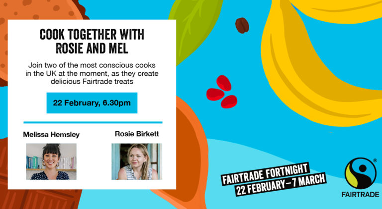 Colourful food illustration in background with headshots of Melissa Hemsley and Rosie Birkett