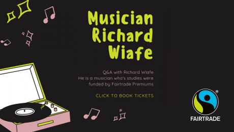 event poster with name of musician and illustration of record player