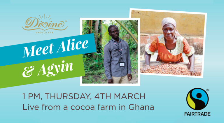 event poster with Fairtrade cocoa farmers and date and time of the event