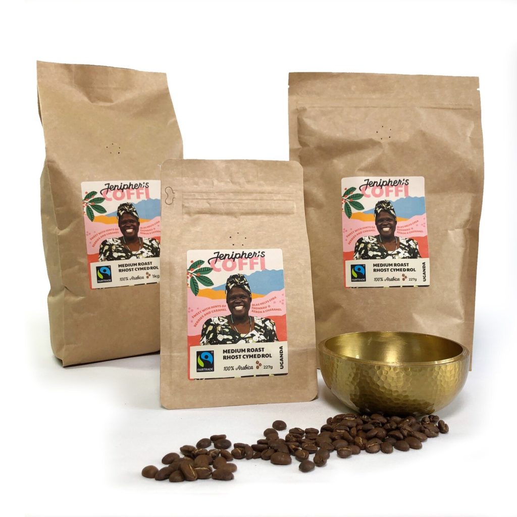 Jenipher's coffi - three bags plus a gold bowl and loose coffee beans