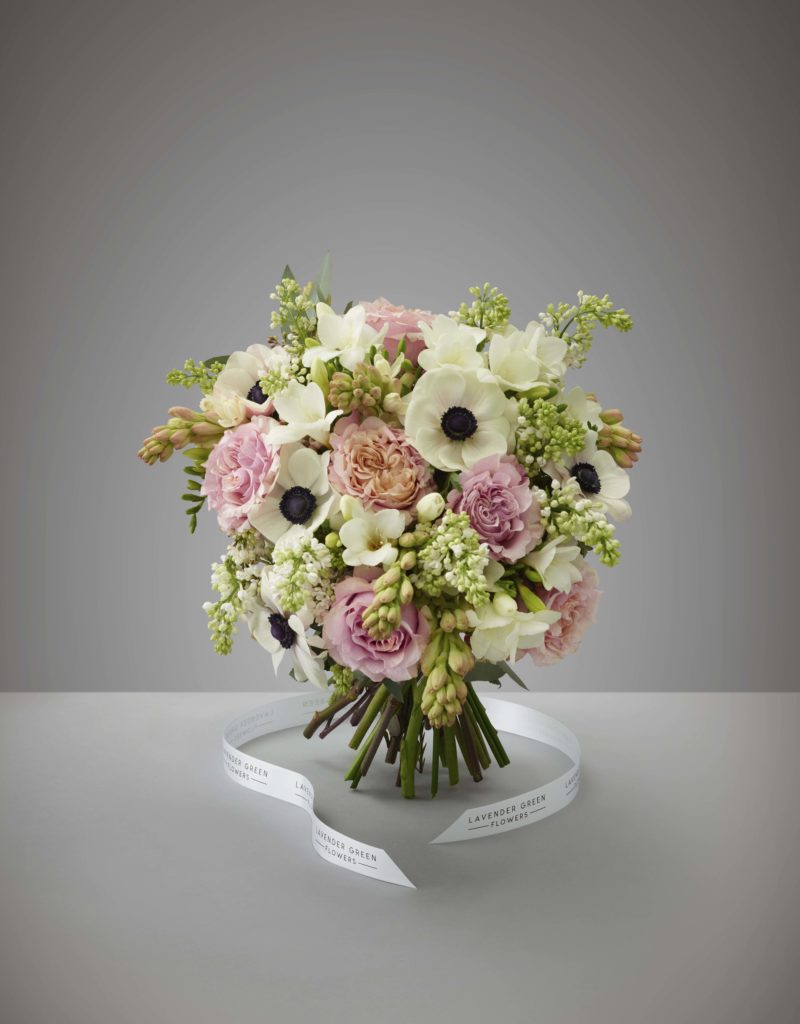 Lavender Green Bouquet pastel toned fragrant flowers including, Tubarose, Freesia, Mayra Flamingo FAIRTRADE Roses, Lilac and beautiful Anemones of pink and white