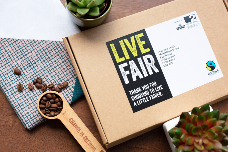 Live Fair box with coffee beans in a coffee scoop and two succulent house plants