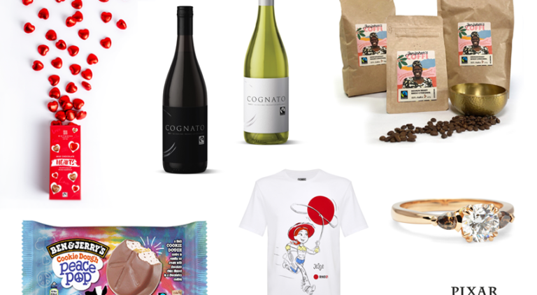 Images of the new products on a white background: Whitakers' heart shaped chocolates, ring from Lebrusan Studio, Ben & Jerry's cookie dough peace pop, Red Nose Day t-shirt with Jessie from TKMaxx, Chamomile tea from Hope & Glory, Cognato white wine, Jenipher's Coffi three bags