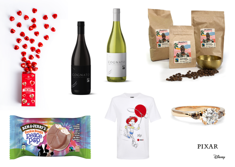 Images of the new products on a white background: Whitakers' heart shaped chocolates, ring from Lebrusan Studio, Ben & Jerry's cookie dough peace pop, Red Nose Day t-shirt with Jessie from TKMaxx, Chamomile tea from Hope & Glory, Cognato white wine, Jenipher's Coffi three bags
