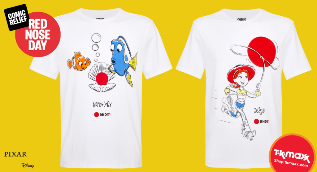 Red nose day Fairtrade t-shirts - left t-shirt Finding Nemo characters with red nose and on the right a Jessie character with a lasso catching the red nose