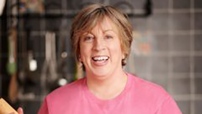 Sandy Docherty holding a rolling pin