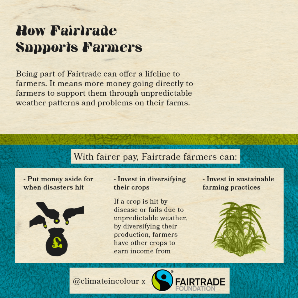 How Fairtrade Supports Farmers. Being part of Fairtrade can offer a lifeline to farmers. It means more money going directly to farmers to support them through unpredictable weather patterns and problems on their farms. With fairer pay, Fairtrade farmers can: Put money aside for when disasters hit; Invest in diversifying their crops: if a crop is hit by disease or fails due to unpredictable weather, by diversifying their production, farmers have other crops to earn income from; Invest in sustainable farming practices.