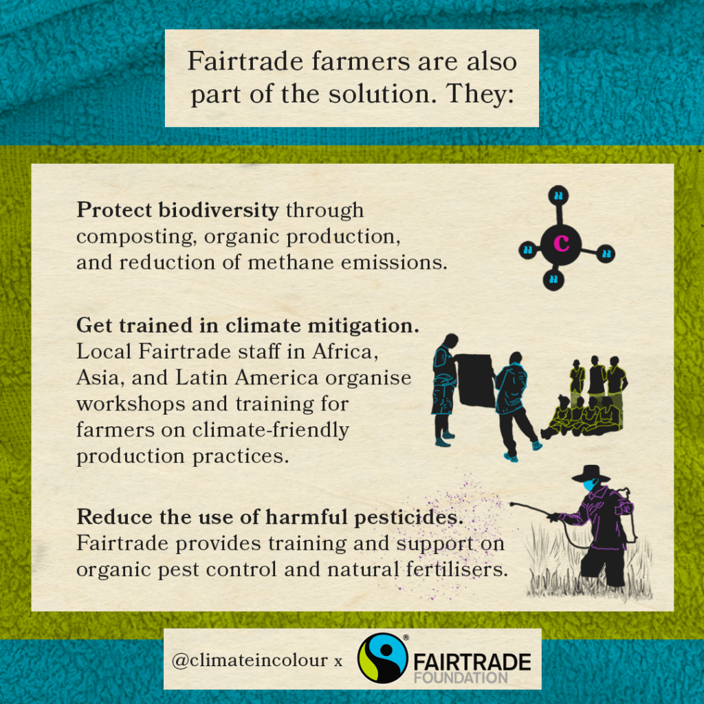 Fairtrade farmers are also part of the solution. They: Protect biodiversity through composting, organic production, and reduction of methane emissions; Get trained in climate mitigation. Local Fairtrade staff in Africa, Asia, and Latin America organise workshops and training for farmers on climate-friendly production practices; Reduce the use of harmful pesticides. Fairtrade provides training and support on organic pest control and natural fertilisers.