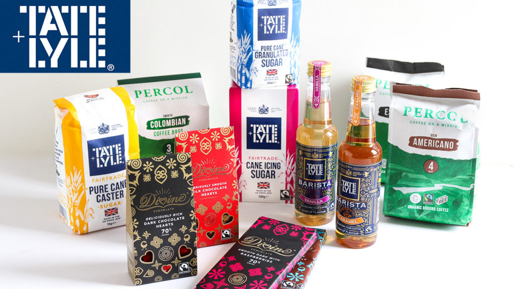 Selection of Fairtrade products: Tate & Lyle caster and icing sugar, and barista syrups, Divine chocolate selection and Percol coffee