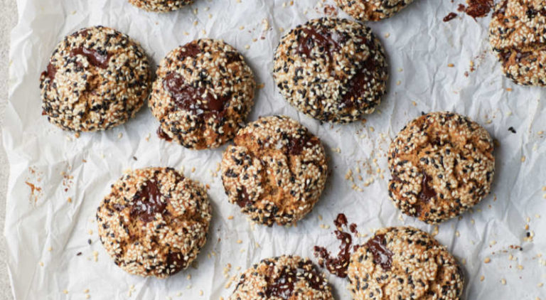 tahini chocolate chip cookies on baking paper