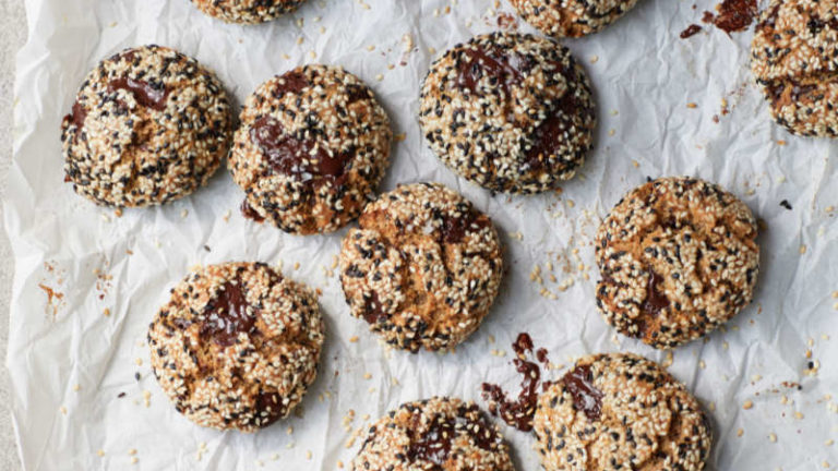 tahini chocolate chip cookies on baking paper