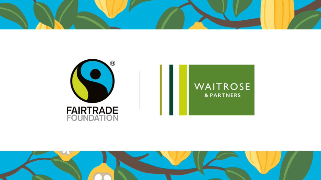 Fairtrade Foundation and Waitrose & Partners logos on a cocoa pod patterned background.