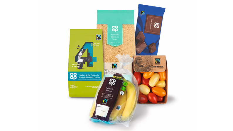 Co-op Fairtrade selection - Coffee, bananas, demerara sugar, milk chocolate, cherry tomatoes