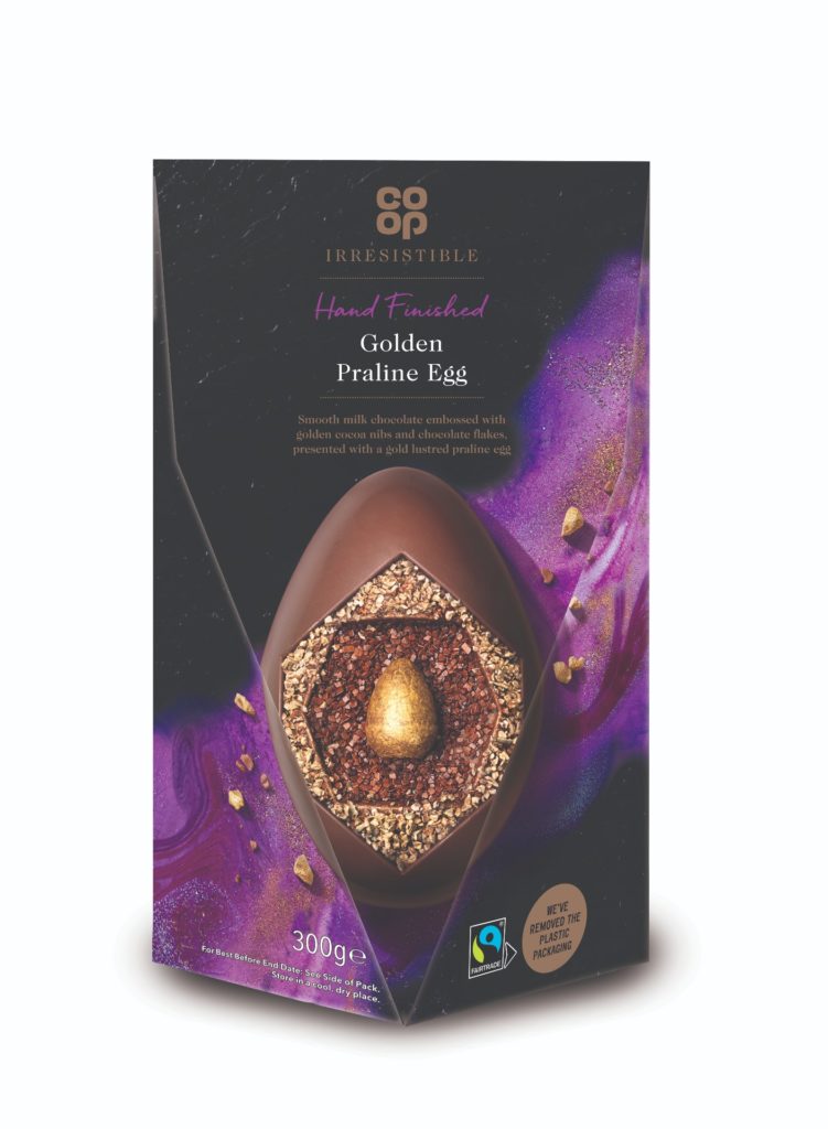 Co-op Golden Praline Egg in a black and purple box box with an image of the egg on the front