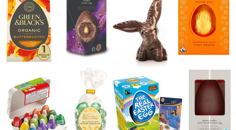 A selection of Fairtrade Easter Eggs presented on a white background. From left to right, top row: Green & Black's butterscotch egg, Co-op's golden praline egg, Cocoa Loco's marbled chocolate rabbit, Divine's Tangy Orange milk choc egg. Second row: Tony's Chocolonely's carton of mini eggs, Divine's mini eggs, The Meaningful Chocolate Company's Real Easter Egg with storybook and Waitrose's No1 dark egg with hidden truffles.