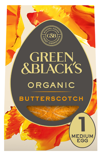 Green & Black's Butterscotch easter egg - golden coloured foil egg in a box decorated with splashes of with yellows, oranges and reds