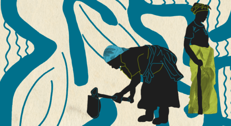 illustration of two farmers on a patterned background