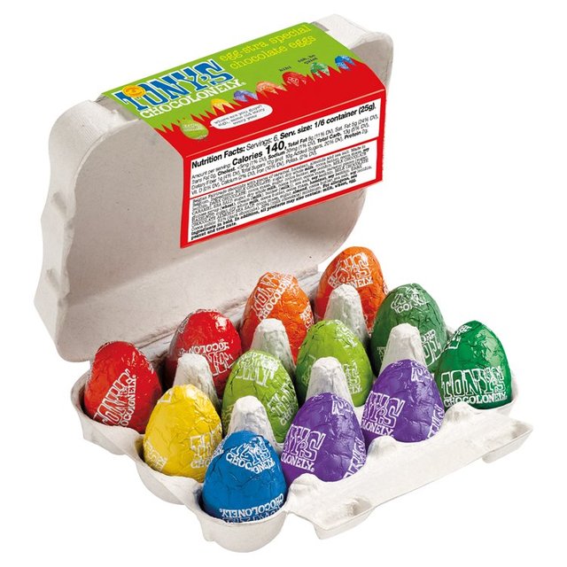 Tony's Chocolonely egg carton open to show mini eggs inside