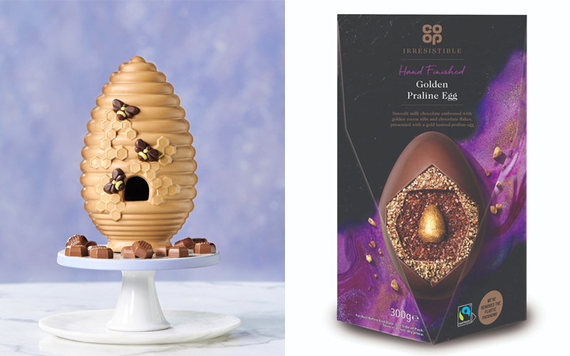 Aldi's beehive egg next to Co-op's golden praline egg