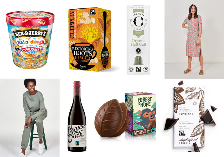 New Fairtrade product compilation from left to right: Ben & Jerry's Twisted ice cream, Clipper Restoring Roots tea, Cru Kafe coffee pods, White Stuff jersey dress, Though Clothing joggers and sweatshirt, Co-op red wine, Forest of hope chocolate, Daylesford chocolate