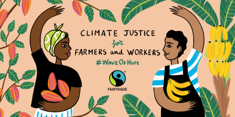 Two farmers face each other with arm raised in a wave gesture. They are holding bananas and cocoa pods with plants in the background (illustration)