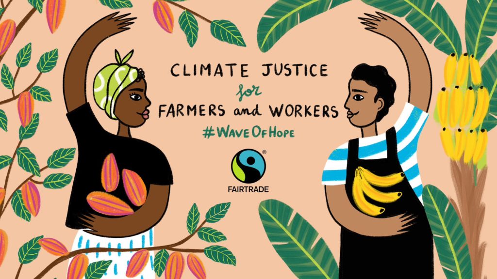 Two illustrated farmers. A woman holding cocoa pods and waving opposite a man holding bananas and waving, on either side of the illustrated people are red cocoa pods on branches and a banana plant. Text: Climate justice for farmers and workers #WaveOfHope