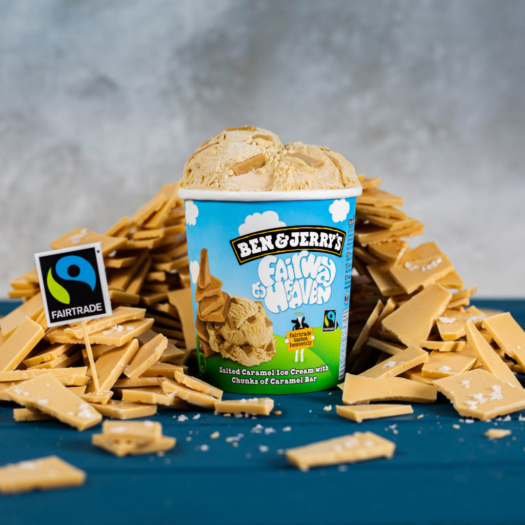 Ben & Jerry's tub of Fairway to heaven with a Fairtrade Mark flag surrounded by lots of caramel chunks