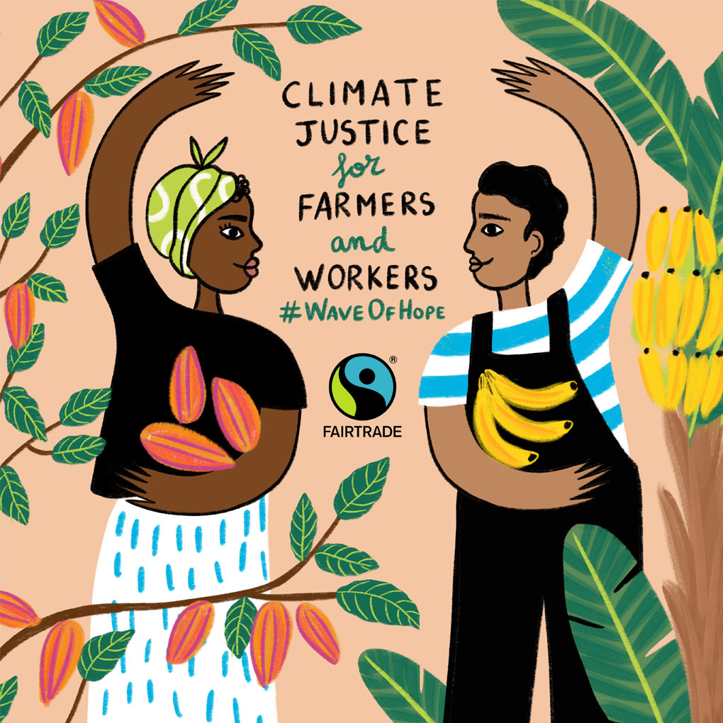 Two farmers face each other with arm raised in a wave gesture. They are holding bananas and cocoa pods with plants in the background (illustration)