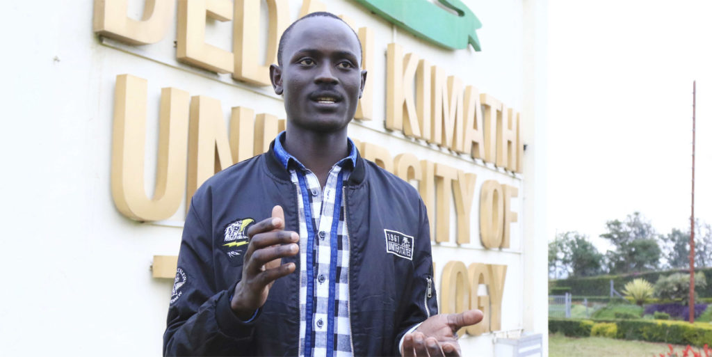 Felix Ouma, a member of the Fairtrade Africa Premium Alumni Association (FAPAA) at his campus- Dedan Kimathi University of Technology in Nyeri, Kenya where he is undertaking his degree in Mechatronics Engineering.